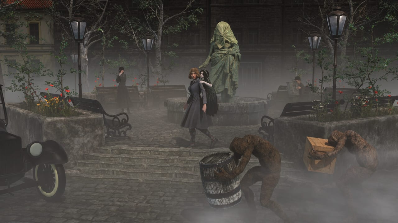 Platz in Penwyll bei Laternenlicht, Nebel und Passanten in Withering Realms